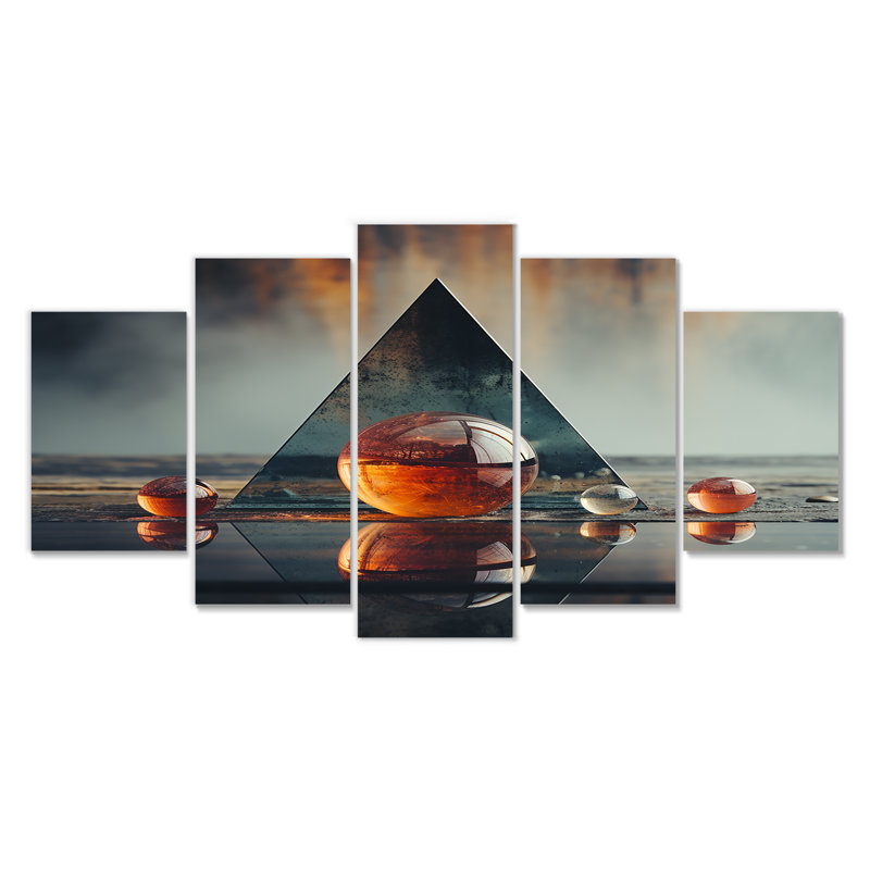 «Minimalist Triangle Essence II», art mural en pierre spirituel pour le salon, 5 pièces, H 32 po x l 60 po