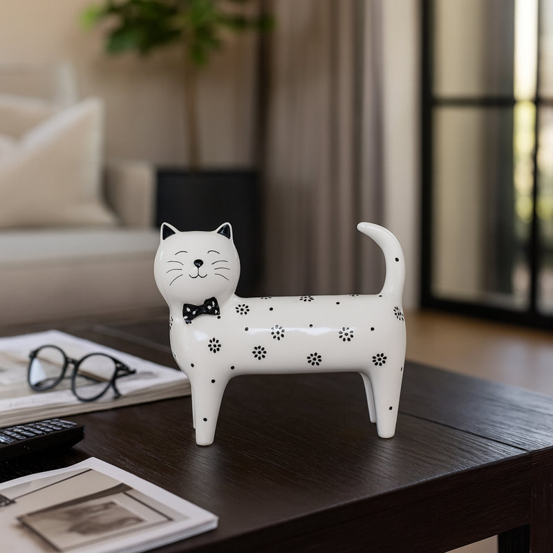 Decorative Ceramic Cat Sculpture Figurine with Bowtie for Home Decor - Unique Object Statue for Table, or Living Room Decoration