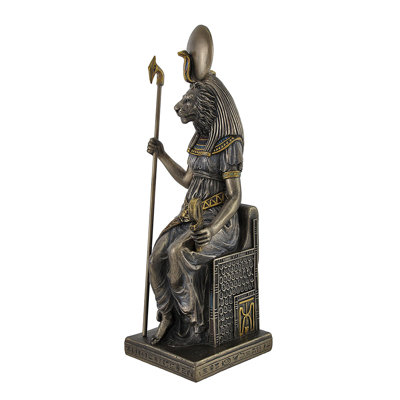 Hahn Egyptian goddess Sekhmet cold cast resin throne statue with bronzed finish and blue/gold painted accents — 8.5'' H x 3.5'' W x 3'' D