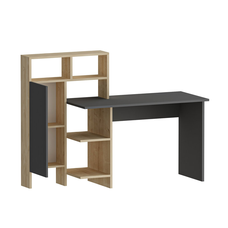 Modern Study Desk with Multiple Shelves, Anthracite & Oak Finish, 53.5 x 43.9 x 23.6 inches | 100% Melamine Coated Particle Board, Thickness: 0.71 inches | Wall-Mountable Design, Perfect for Home Office & Study Spaces