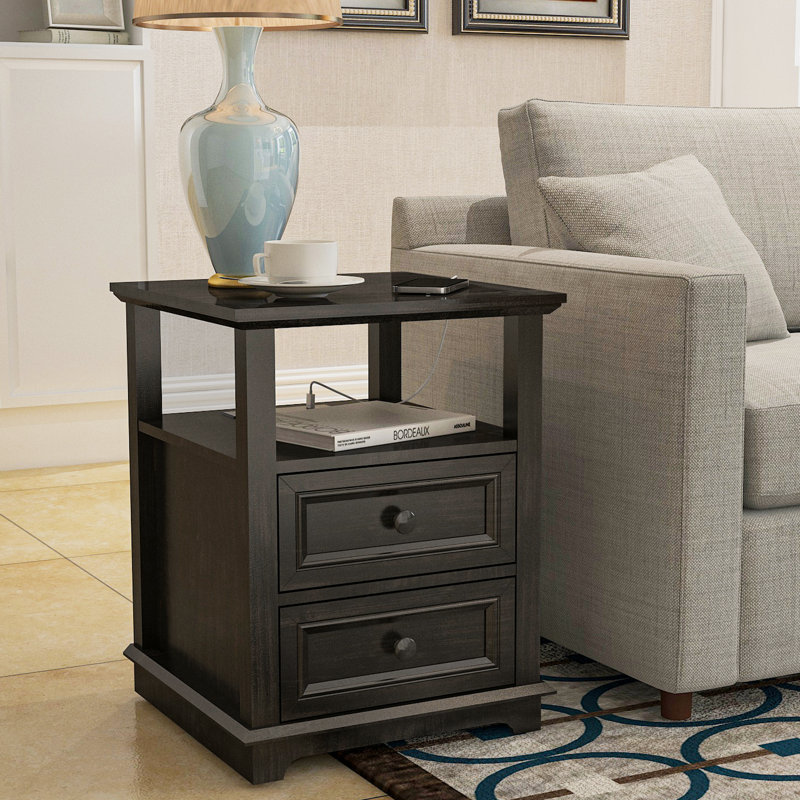 Bijal Tray Top 2 - Drawer End Table and Built-In Outlets, Black Top/Black Base