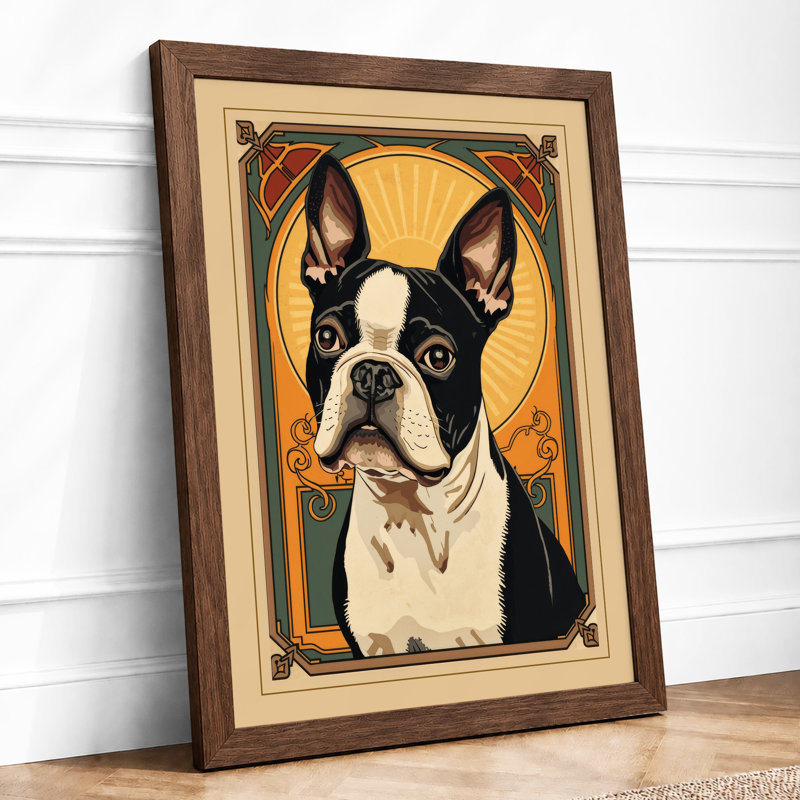 Boston Terrier Art Deco - Framed Print, A4 - 29.7 x 21.0 cm, Walnut