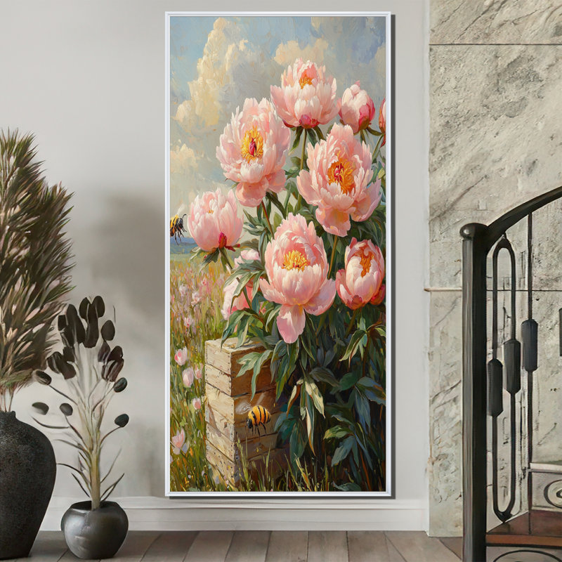 Pivoines par la ruche - art mural pivoines, H 60 po x l 28 po, Impression encadrée sans passe-partout, Blanc