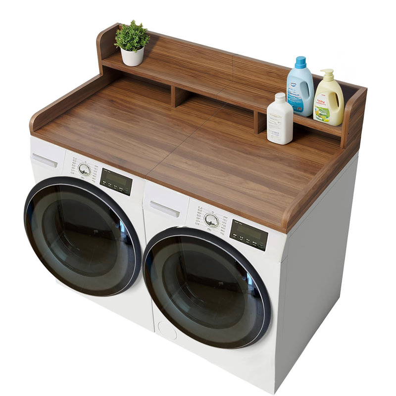 Washer Dryer Countertop With Non-Slip Pads, Laundry Wood Shelf Topper With Edge, Double Layer Organizer For Washer And Dryer Laundry Hamper Counter Storage Organization