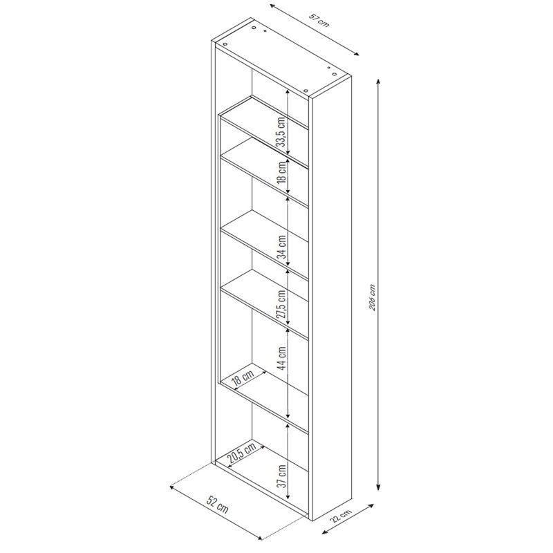Reba Bookcase, White/Oak, H206 x W57 x D22cm