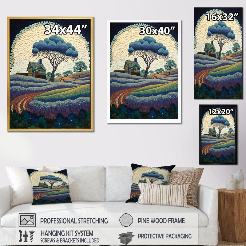 Field of Blossoming Bluebonnets avec arbre sur toile, Cadre simple blanc, H 40 po x l 30 po x P 1,5 po