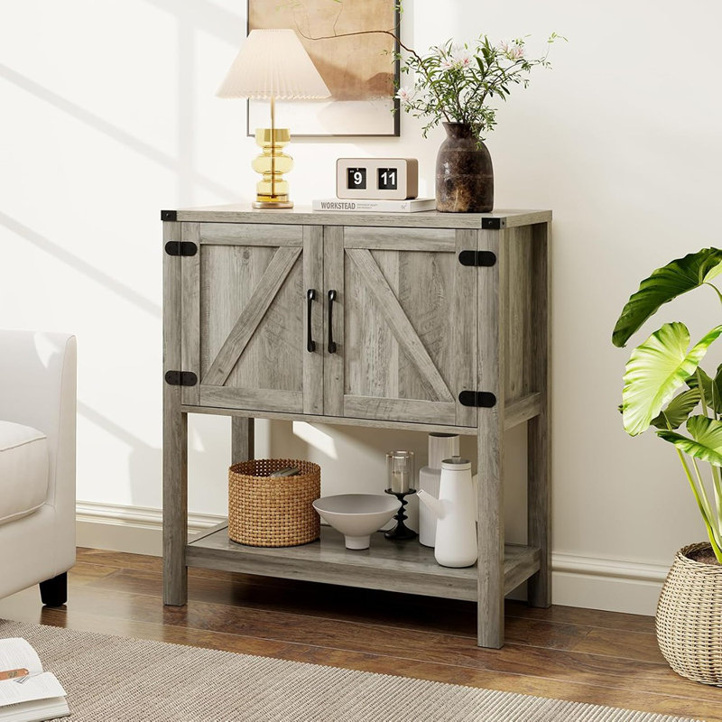 Console avec armoire-bar à 2 portes, table basse avec canapé, table d'entrée avec rangement, buffet de ferme (gris)