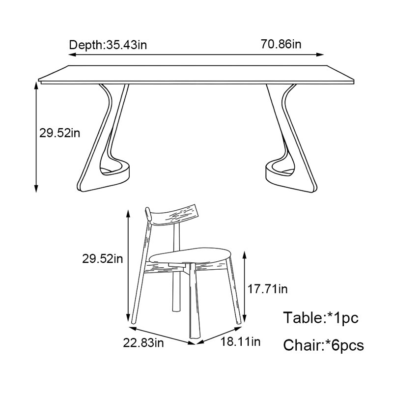 Ensemble de table de salle à manger rectangulaire en bois de frêne, H 29,52 po x L 70,86 po x l 35,43 po