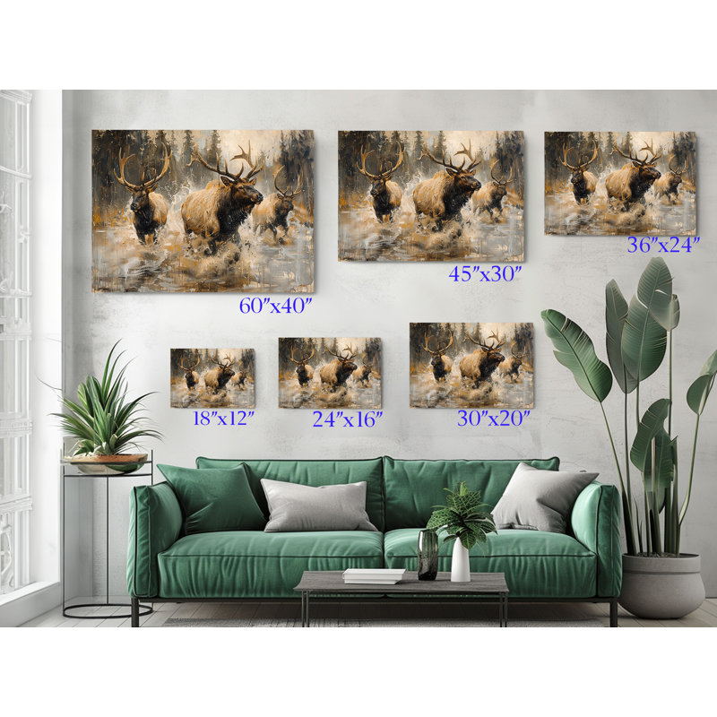 Oil Painting of Elks Canvas Print, Modern Wall Art Decor for Home & Office, 30" H x 45" W