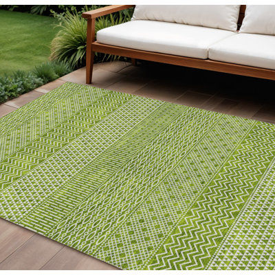 8' X 10' Lime Green And Ivory Chevron Washable Indoor Outdoor Area Rug