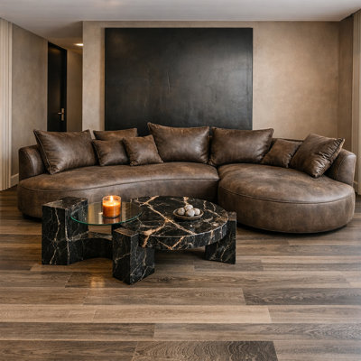 Lakera 128“ Modern Faux Leather Sectional Curved Sofa with Right Chaise, Upholstered Brown Leathaire Couch, Leather Sectional Sofas