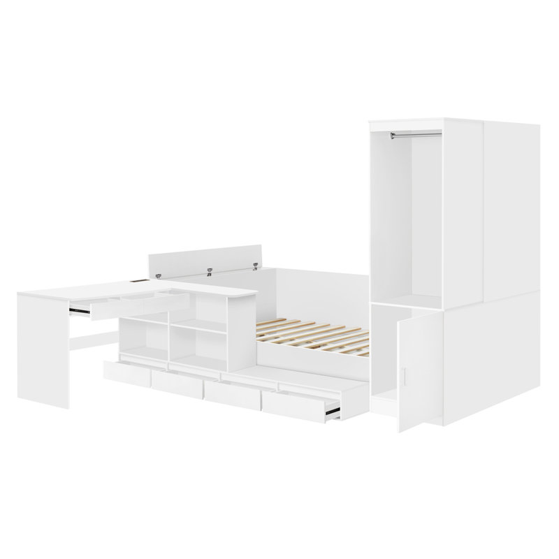 Lit plateforme double en bois avec 6 tiroirs, tablettes, bureau et garde-robe, blanc, Blanc