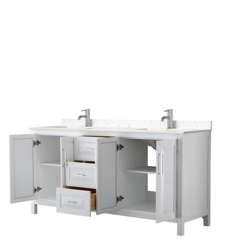 Ensemble de meuble-lavabo double 72 po Daria, Blanc, Marbre de culture de Carrare, Chrome poli