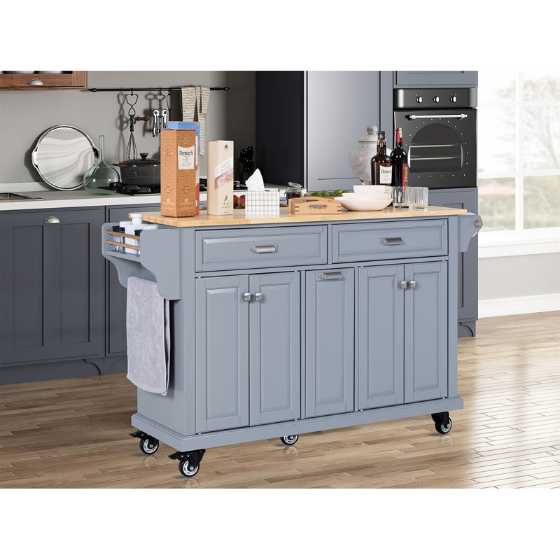 Îlot de cuisine avec comptoir en bois d'hévéa, Gris