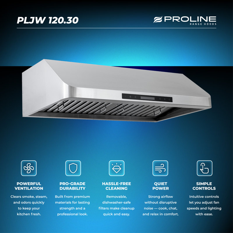 Hotte de cuisine professionnelle sous le cabinet PROLINE de 30 pouces, qualité commerciale, conduit, 900 pi³ / min, acier inoxydable, lumières DEL, commande tactile ACL, moteur de soufflage ULTRA-SILENCIEUX, 6 vitesses