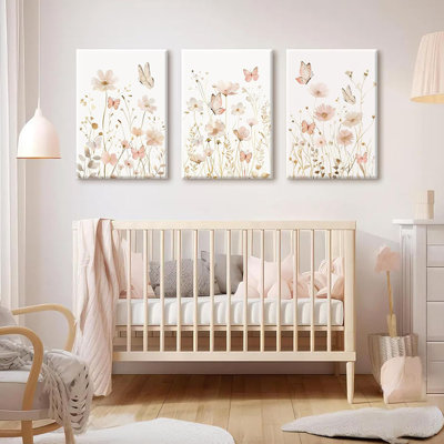 Pink Boho Floral Wall Art Vintage Nursery Wildflower Canvas Wall Decor Watercolor Flower Prints Pink Botanical Poster Butterfly Pictures Gold Floral Painting For Bedroom 12X16 Inch Ready To Hang 3Pcs