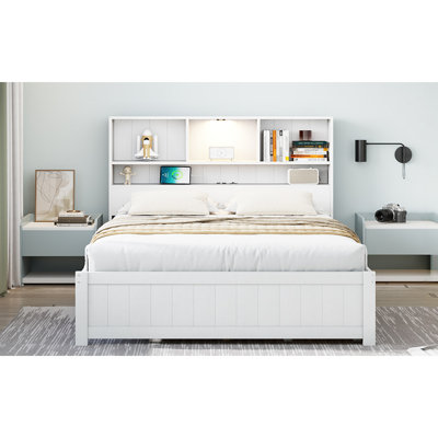 Platform Bed With Bookcase Headboard, Built-In Downlight, Charging Station, And 2 Side Drawers by Hokku Designs