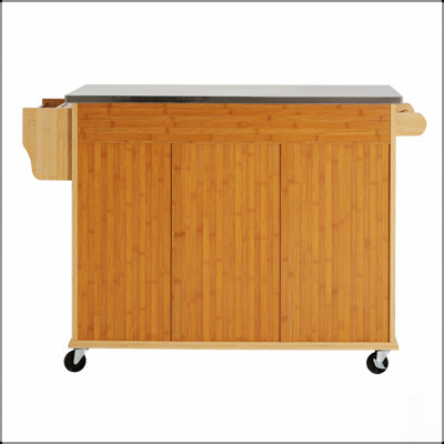 Îlot de cuisine durable en bambou avec plateau en acier inoxydable, chariot mobile avec tiroirs, armoire et porte-serviettes pour la salle à manger et le bar