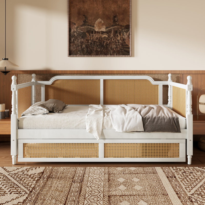 Lit de jour simple en rotin avec lit gigogne simple, aucun sommier requis, blanc antique