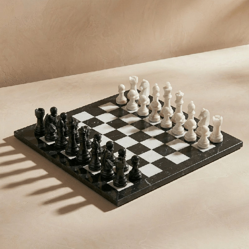 Jeu d'échecs en marbre, Noir / blanc, L 15 po x l 15 po x H 1 po