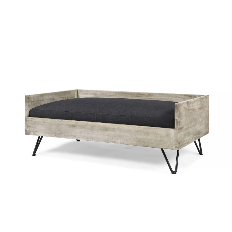 Mid-Century Modern Light Gray Acacia Wood Pet Bed with Cushion