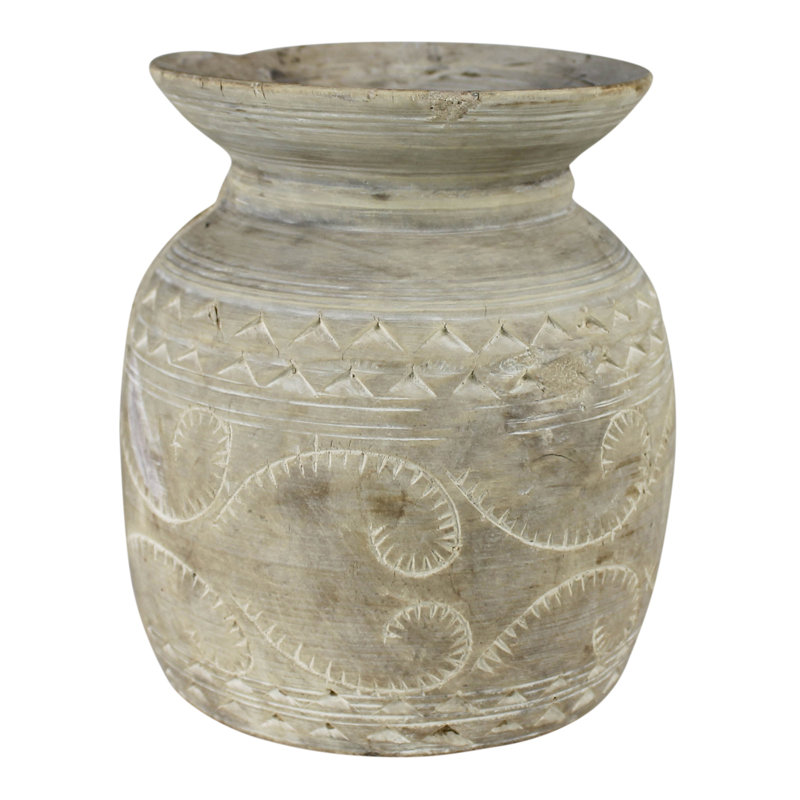 Sculpture de pot de bois tribal Eddystone, Blanc, H 15 po x l 9 po x P 9 po