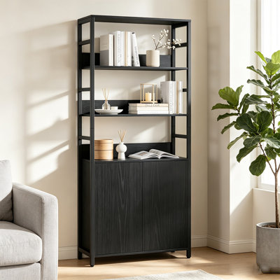 Freestanding Bookshelf with Door Cabinet, Adjustable Shelf Industrial Storage Bookcase for Living Room, Bedroom, Home Office