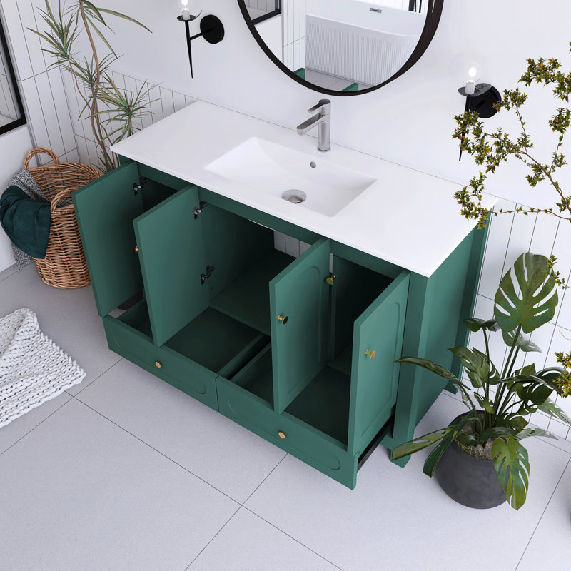 Ensemble de meuble-lavabo autoportant 48 pouces avec lavabo en céramique blanche, Vert