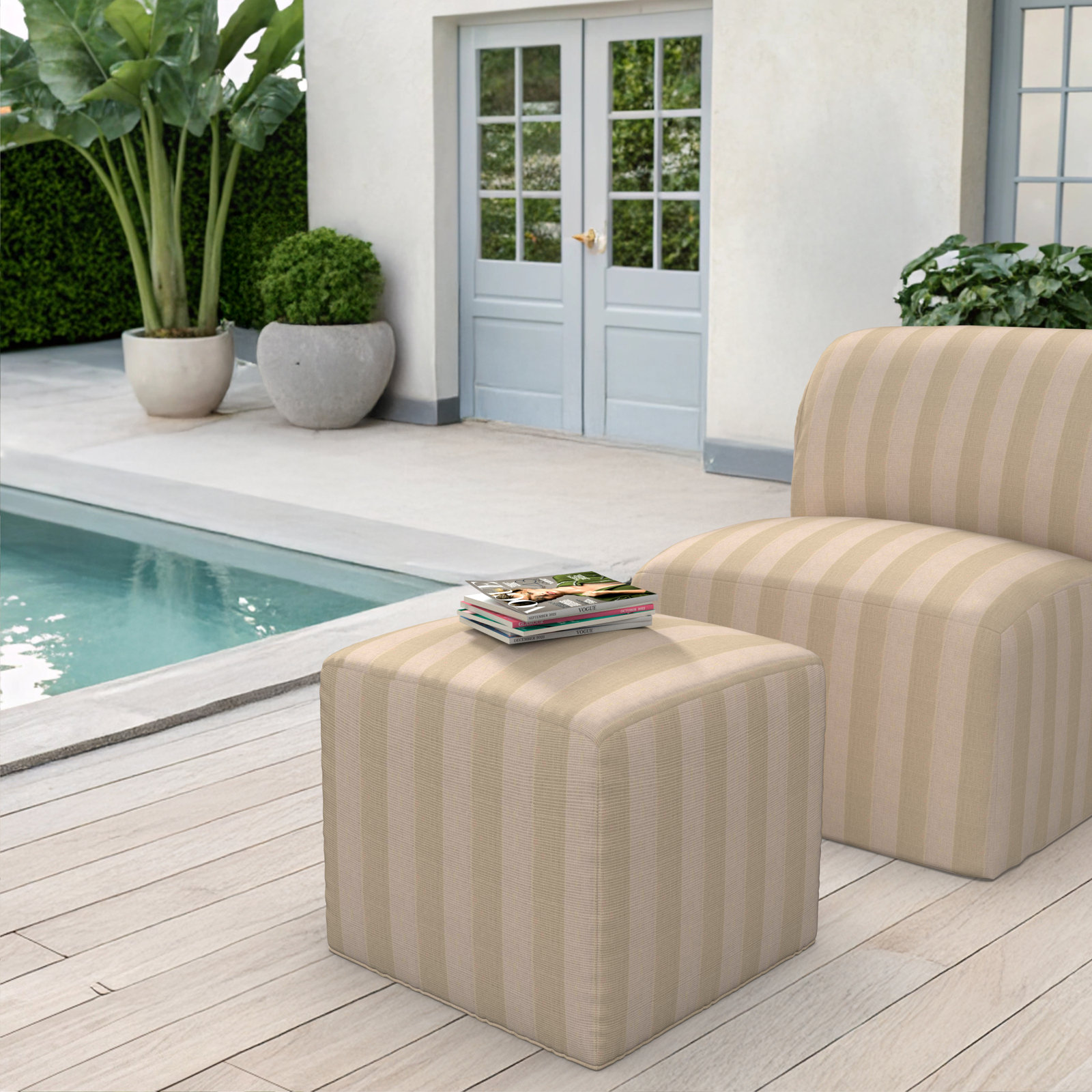 Praia Sunbrella® Outdoor Ottoman, 18" H x 18" W x 18" D, Expressive Sparrow Striped Sunbrella®