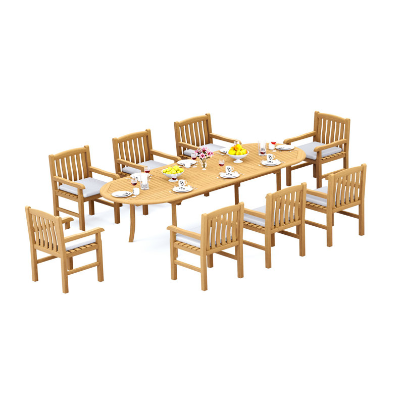 Ensemble de salle à manger en bois de teck Grade-A: table ovale à double extension de 118 po et fauteuils Devon # 11DV2608, 8