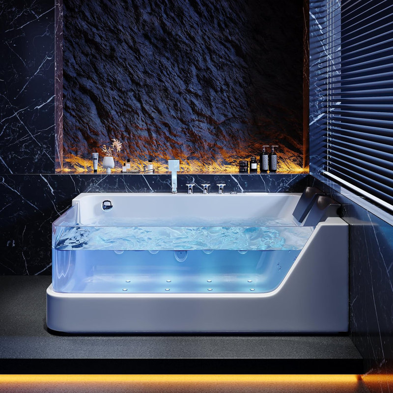 71" 2-Person Whirlpool Bathtub with 16 Massage Jets & LED Lighting