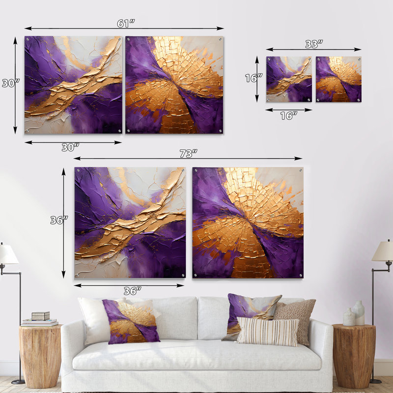 Or et mauve lunaire, ensemble de 2 verres muraux en acrylique à spirales abstraites, H 16 po x l 33 po