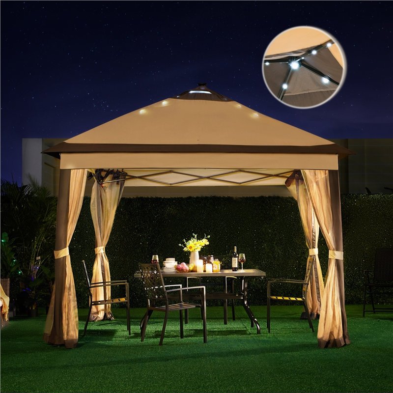 11 Ft. W x 11 Ft. D Iron Patio Gazebo with Solar LED Lights, Black, Brown