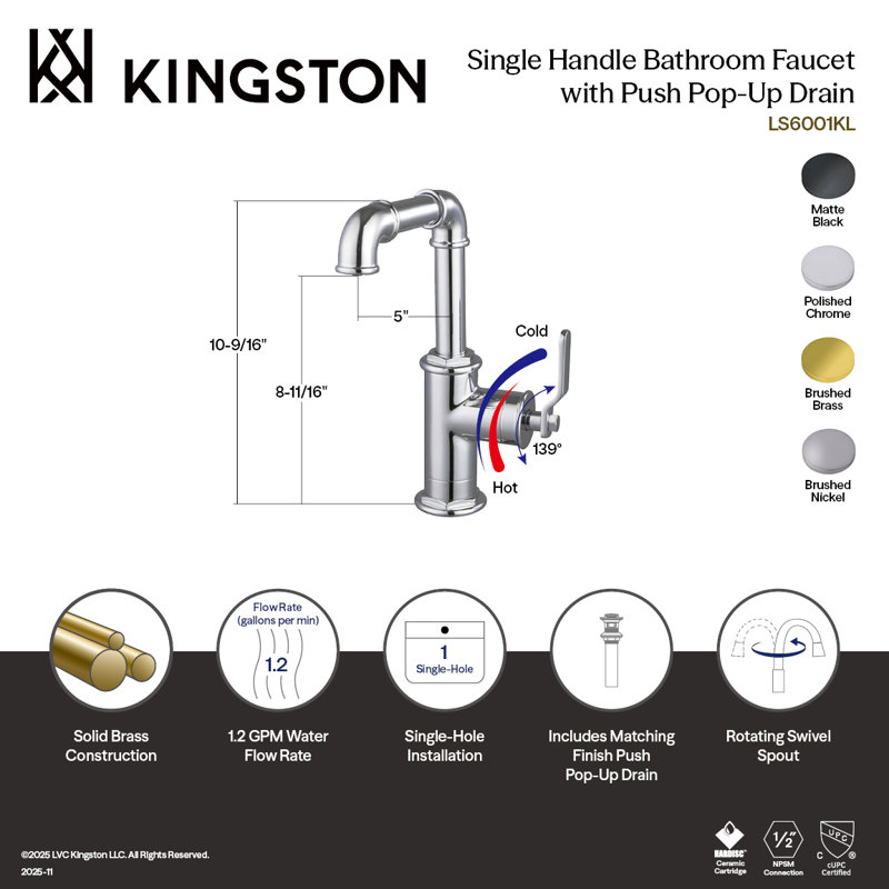 Kingston Brass Whitaker One-Handle 1-Hole Bathroom Faucet With Push Pop-Up Drain, Polished Chrome