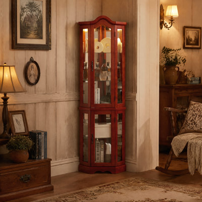 Lighted Corner Curio Cabinet, Crown‑Style Display Cabinet with Tempered Glass Doors & Shelves, Includes Bulb, Corner Storage Decor for Living Room & Bedroom, Cherry Finish