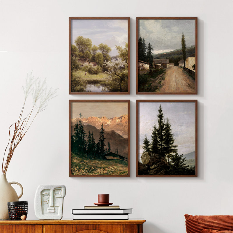 «Vintage Landscape CCXI», ensemble de 4 encadrés, Noyer, H 14 po x l 44 po