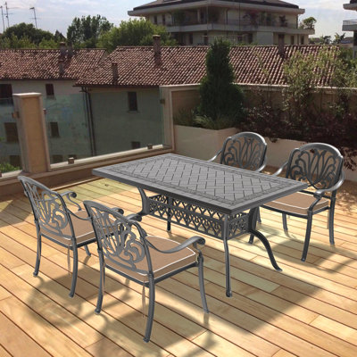 Ensemble de 5 meubles de patio en fonte d'aluminium avec coussins bruns