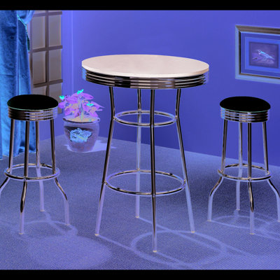 3 tables de bar noires avec un design rétro des années 1950, du métal et des tabourets pour la salle à manger