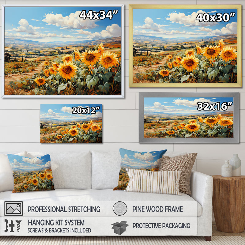 Koleby, Espagne, tournesols, champ de chaleur, sur toile I, 30" H x 40" W, Cadre flottant noir