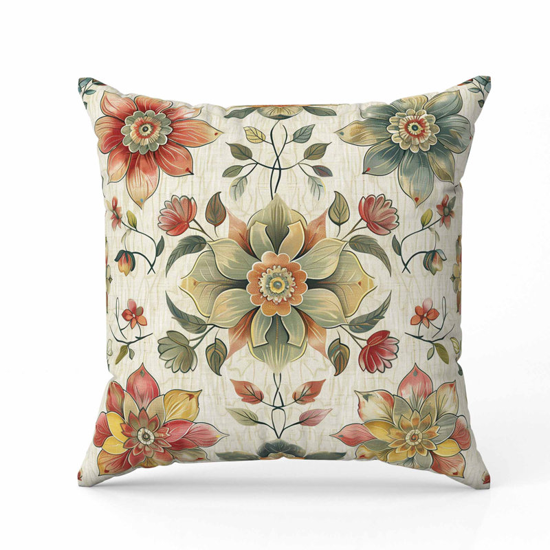Oreiller rétro en faux suède à motif floral, Vert/rouge, Carré 16 po