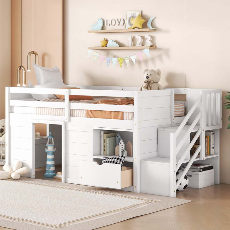 Lit avec rangement en bois 42,32 "avec escalier et tiroir, Blanc
