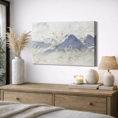Illustration minimale d'oiseaux de montagne bleu, images de chambre à coucher, impression sur toile encadrée, impression numérique.