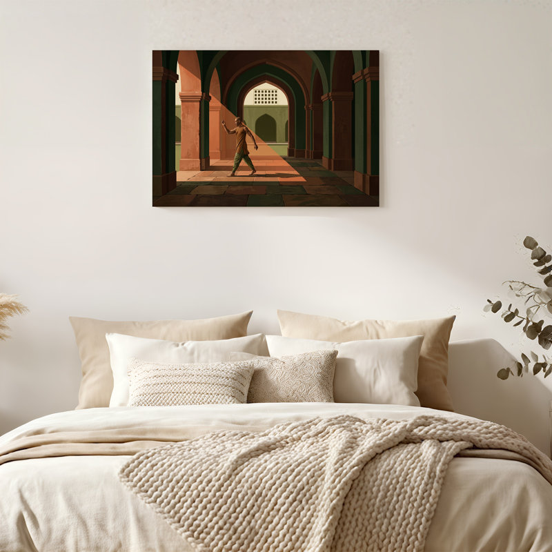 Moine marchant à travers des arches vertes et orange, art mural sur toile, H 32 po x l 48 po