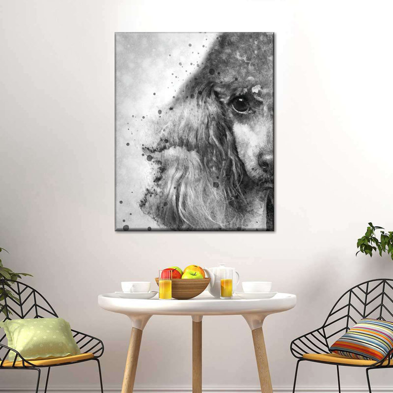 Poodle Face noir et blanc - reproduction sur toile tendue, H 10 po x l 8 po x P 1 po