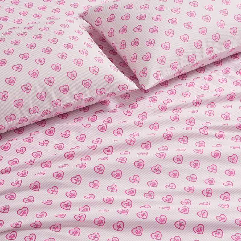 Juicy Couture Printed Microfiber Sheet Set, Queen, Scallop Heart Stripes Pink