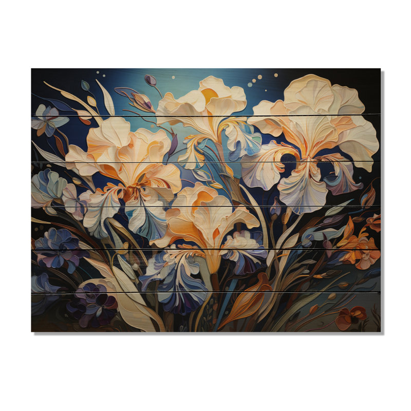 Iris jaune, bleu, iris, danse - impression sans cadre sur bois, H 24 po x l 32 po x P 0,78 po