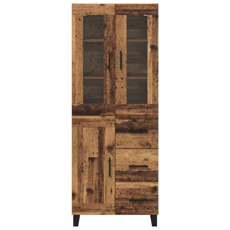  Highboard With Drawer 2 Pcs Old Wood Engineered Wood And Glass, Old Wood