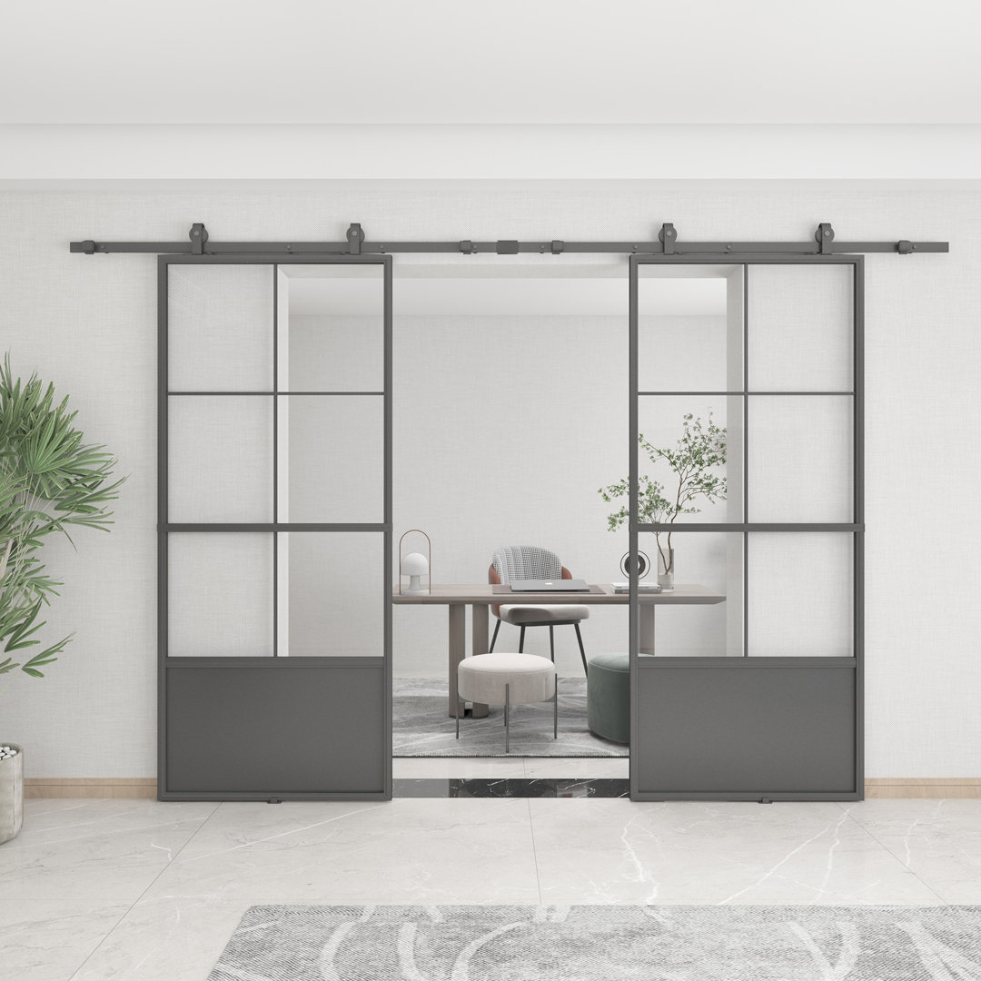 Metal and Clear Glass Double Sliding Barn Door with Installation Hardware Kit, 2 Sets of Door BARNSMITH