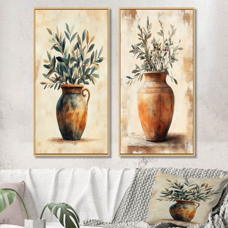 "Olive Branch" - art mural antique 2 pièces, H 40 po x l 40 po, White Picture Framed