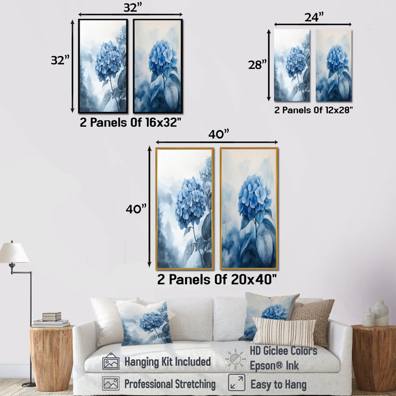 Hortensias dans un jardin brumeux I - Collection de 2 panneaux de toiles florales, H 40 po x l 41 po, Cadre crème crème